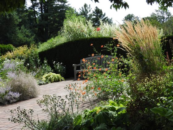 A garden setting in spring, with blooming beds and a wooden bench. 